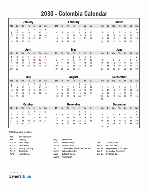 Year 2030 Simple Calendar With Holidays in Colombia