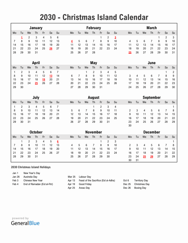 Year 2030 Simple Calendar With Holidays in Christmas Island