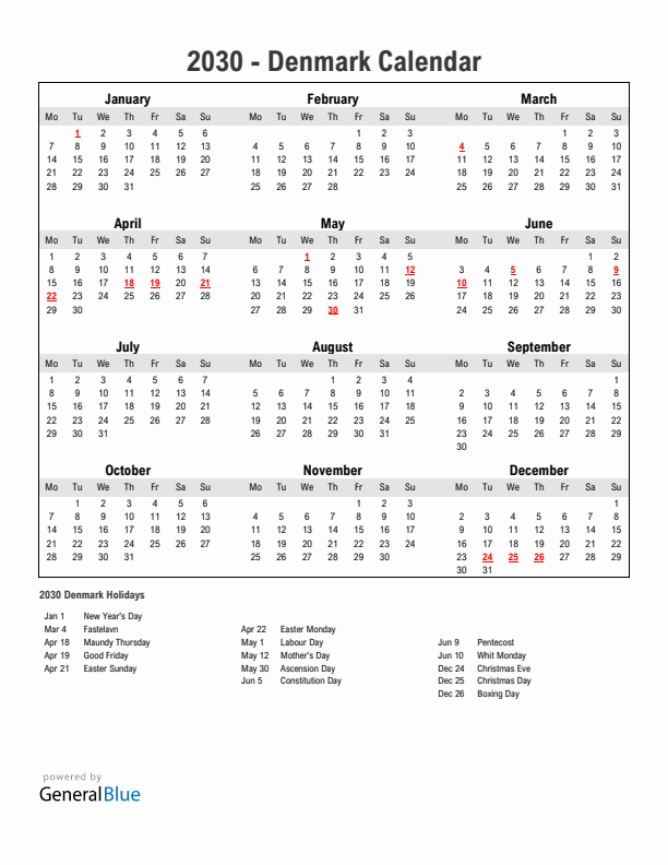 Year 2030 Simple Calendar With Holidays in Denmark