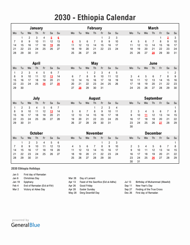 Year 2030 Simple Calendar With Holidays in Ethiopia