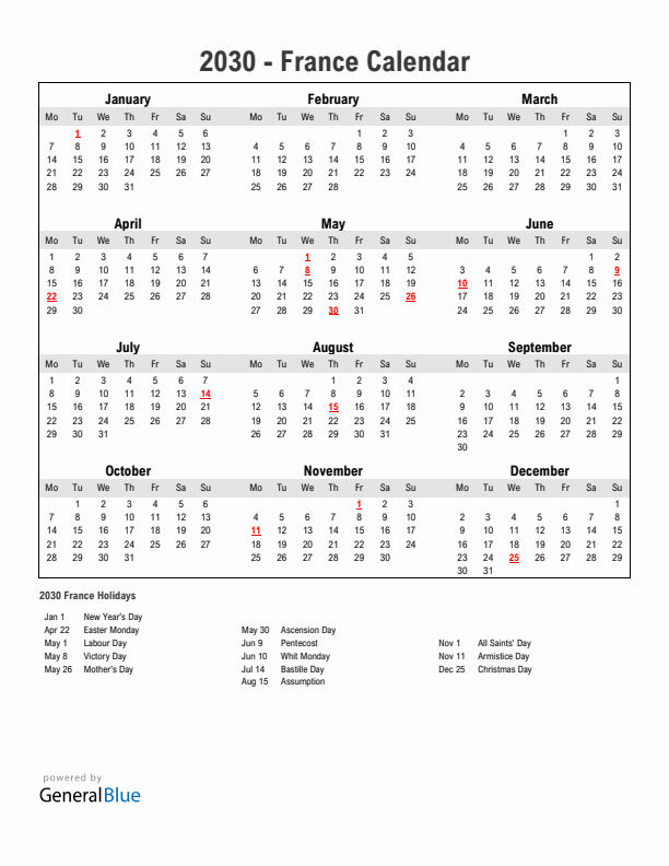 Year 2030 Simple Calendar With Holidays in France