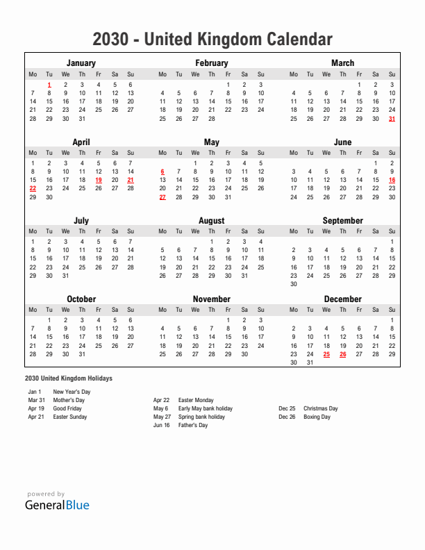 Year 2030 Simple Calendar With Holidays in United Kingdom