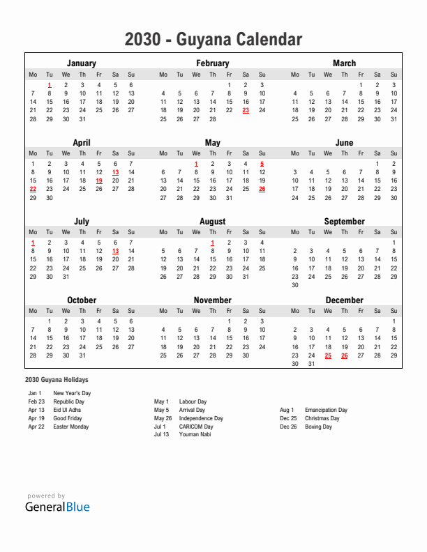 Year 2030 Simple Calendar With Holidays in Guyana