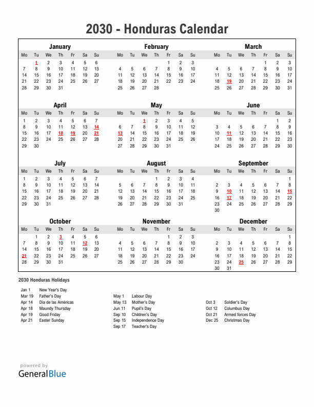 Year 2030 Simple Calendar With Holidays in Honduras