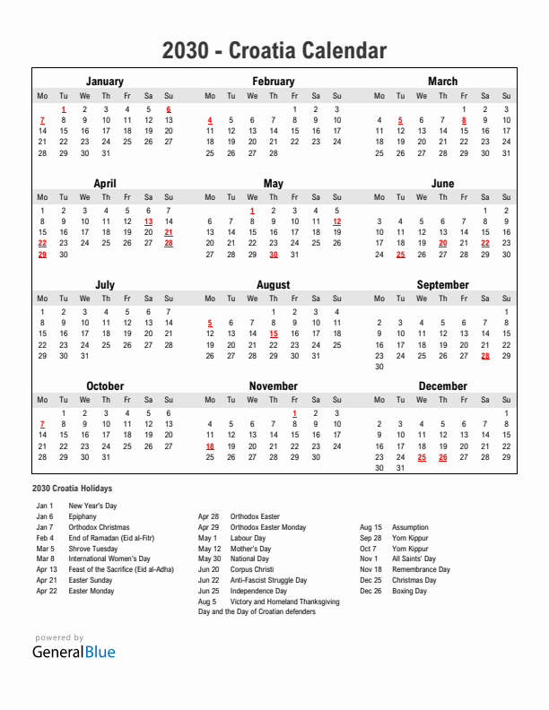 Year 2030 Simple Calendar With Holidays in Croatia