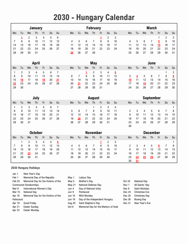 Year 2030 Simple Calendar With Holidays in Hungary