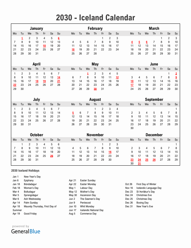 Year 2030 Simple Calendar With Holidays in Iceland