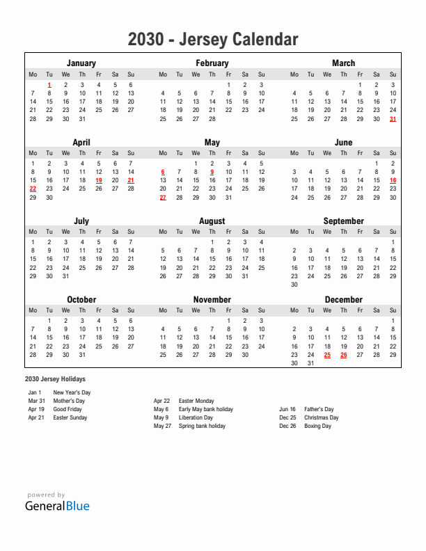 Year 2030 Simple Calendar With Holidays in Jersey