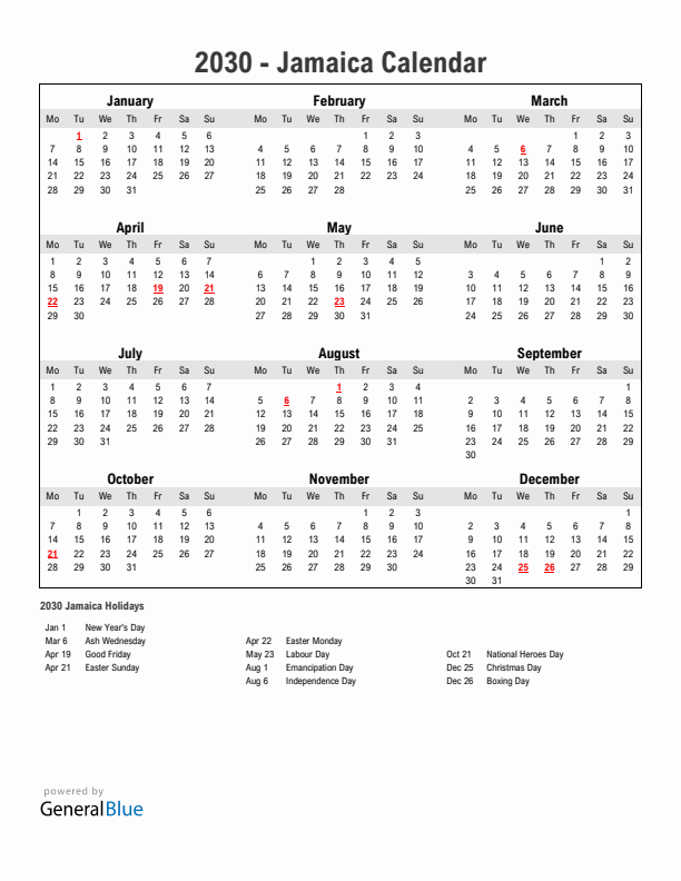 Year 2030 Simple Calendar With Holidays in Jamaica