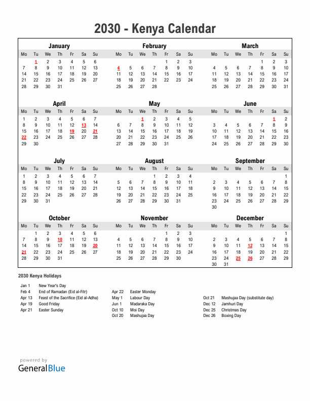 Year 2030 Simple Calendar With Holidays in Kenya