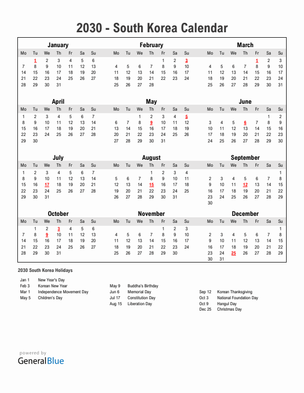 Year 2030 Simple Calendar With Holidays in South Korea