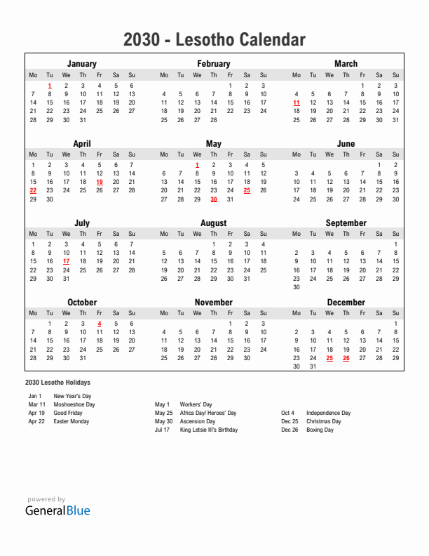 Year 2030 Simple Calendar With Holidays in Lesotho