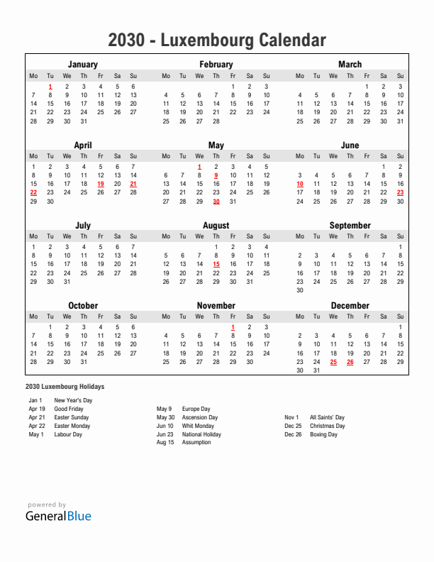 Year 2030 Simple Calendar With Holidays in Luxembourg