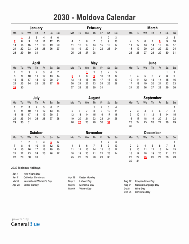 Year 2030 Simple Calendar With Holidays in Moldova