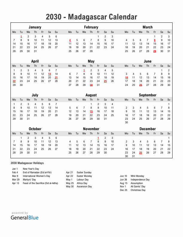 Year 2030 Simple Calendar With Holidays in Madagascar