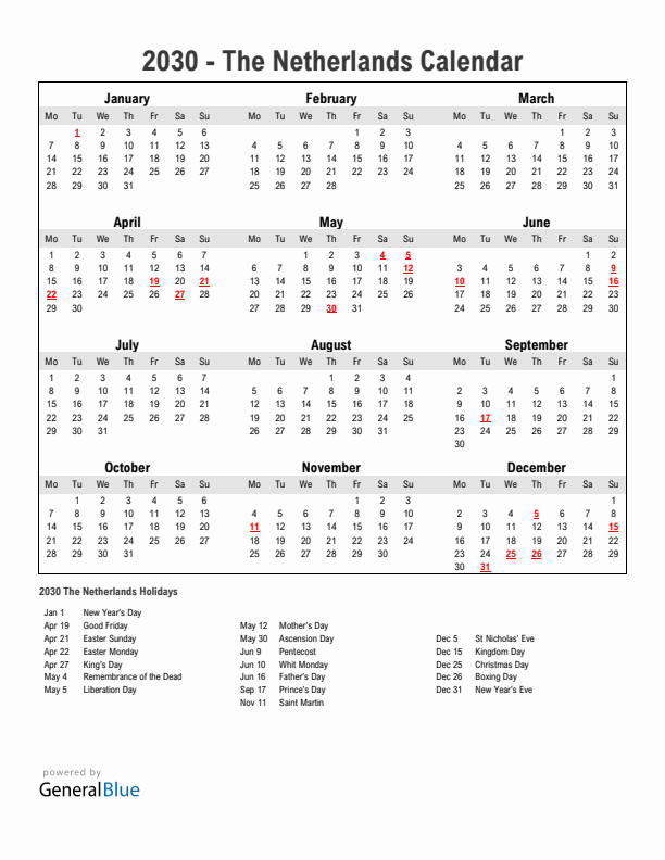 Year 2030 Simple Calendar With Holidays in The Netherlands