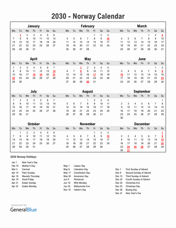 Year 2030 Simple Calendar With Holidays in Norway