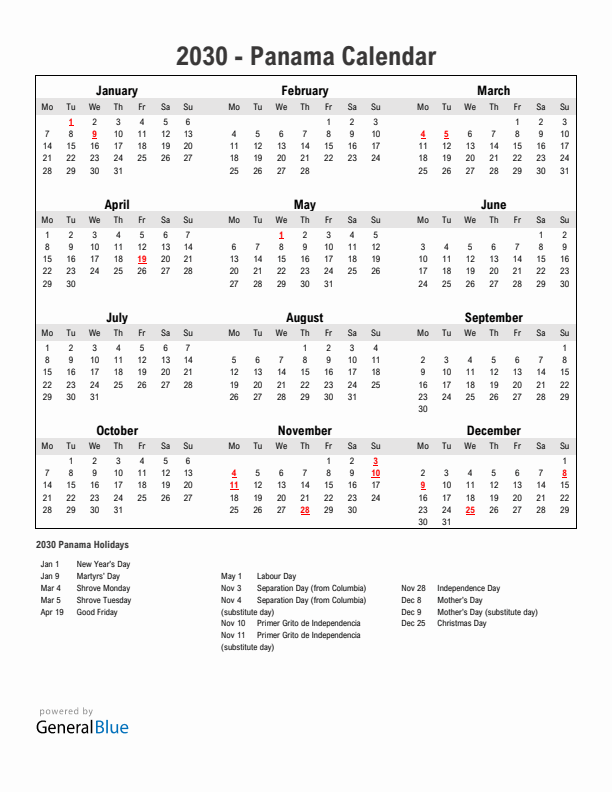 Year 2030 Simple Calendar With Holidays in Panama