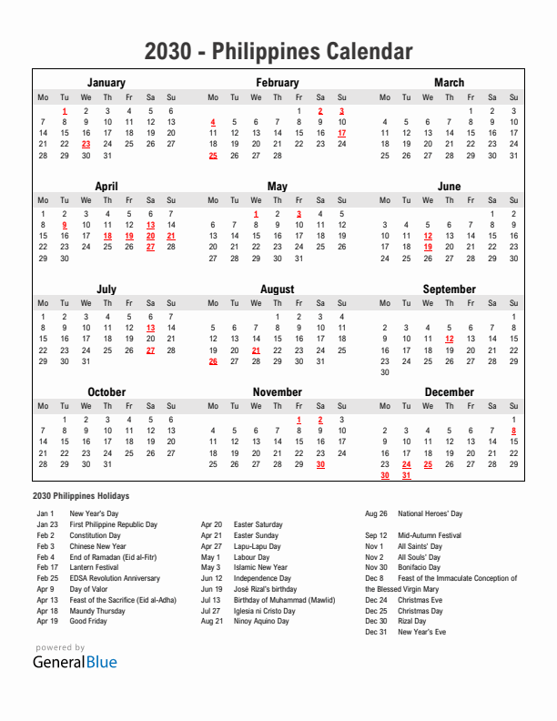 Year 2030 Simple Calendar With Holidays in Philippines