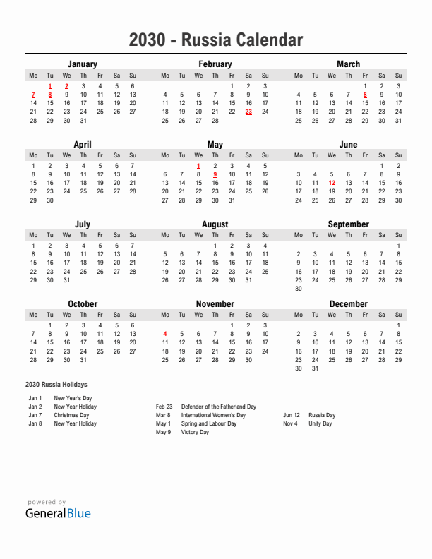 Year 2030 Simple Calendar With Holidays in Russia