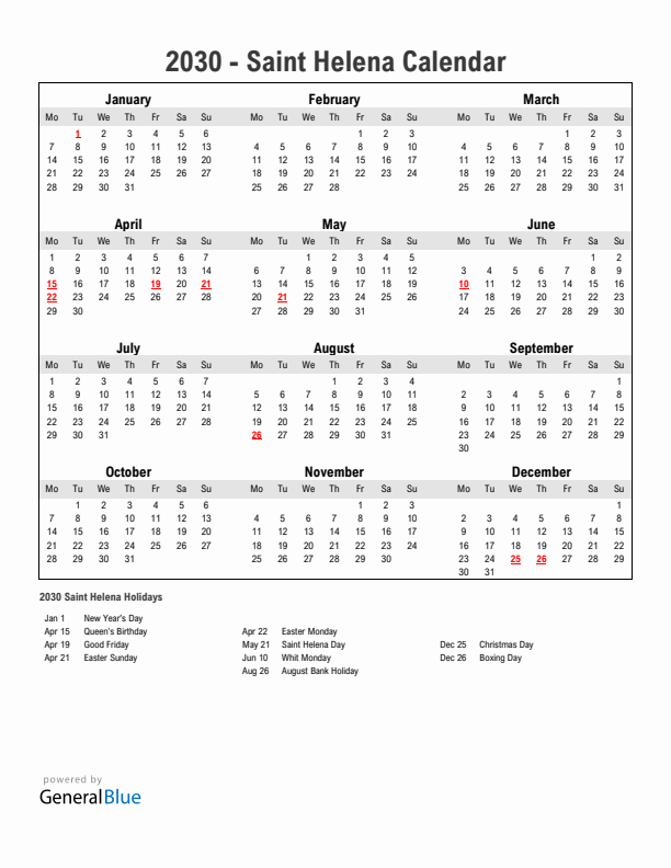 Year 2030 Simple Calendar With Holidays in Saint Helena