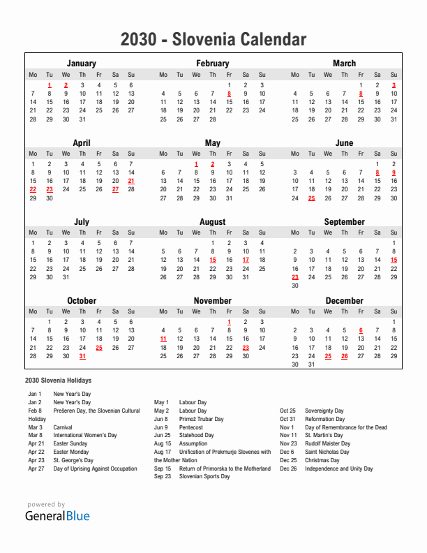 Year 2030 Simple Calendar With Holidays in Slovenia