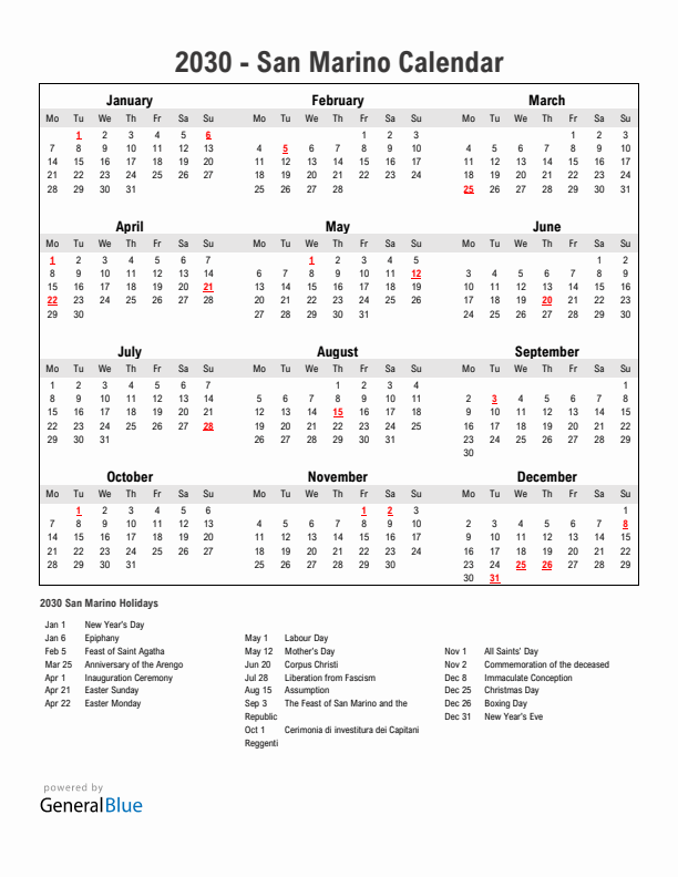 Year 2030 Simple Calendar With Holidays in San Marino