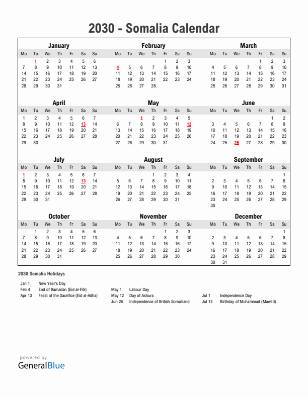 Year 2030 Simple Calendar With Holidays in Somalia