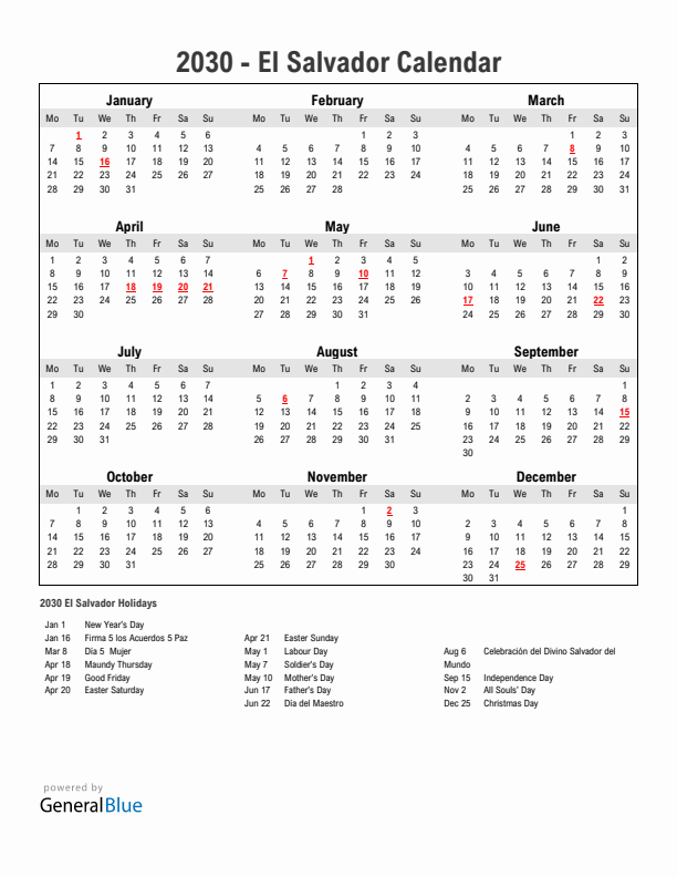 Year 2030 Simple Calendar With Holidays in El Salvador