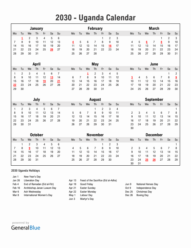 Year 2030 Simple Calendar With Holidays in Uganda