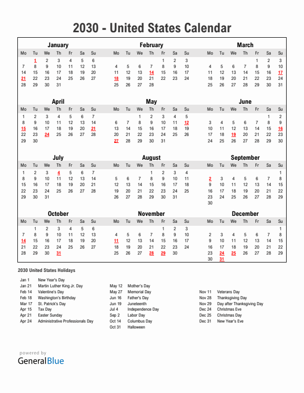 Year 2030 Simple Calendar With Holidays in United States