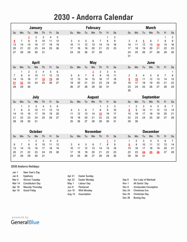 Year 2030 Simple Calendar With Holidays in Andorra