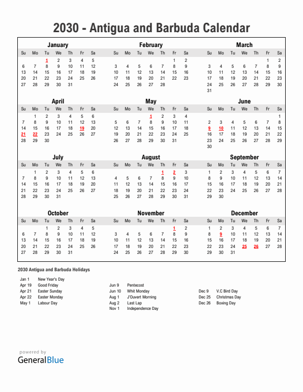 Year 2030 Simple Calendar With Holidays in Antigua and Barbuda