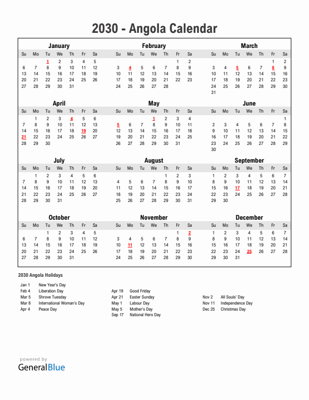 Year 2030 Simple Calendar With Holidays in Angola