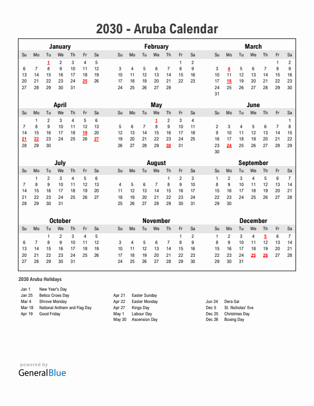 Year 2030 Simple Calendar With Holidays in Aruba