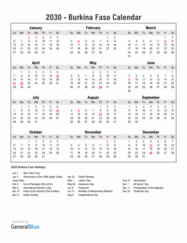 Year 2030 Simple Calendar With Holidays in Burkina Faso