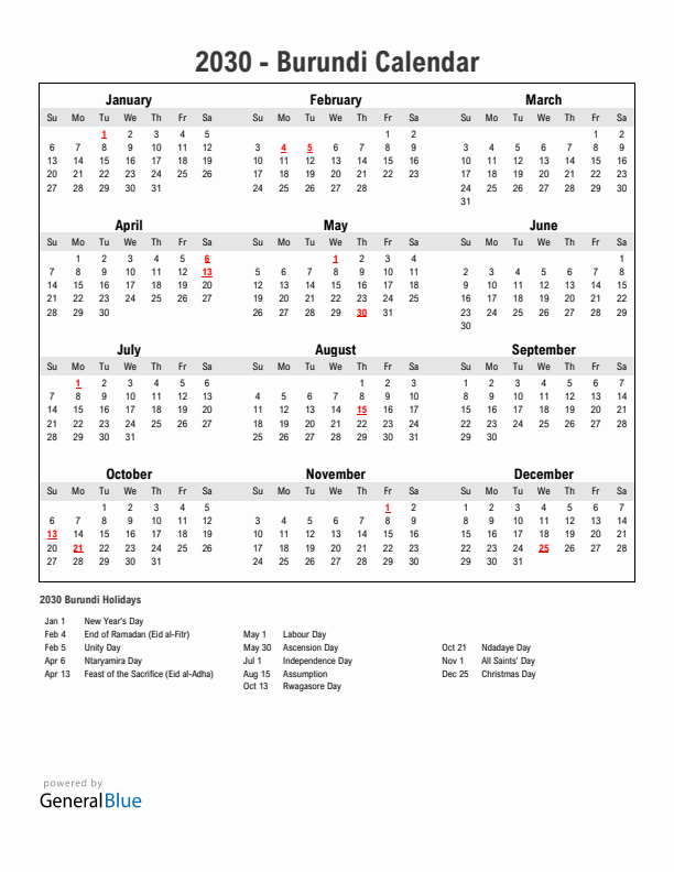 Year 2030 Simple Calendar With Holidays in Burundi