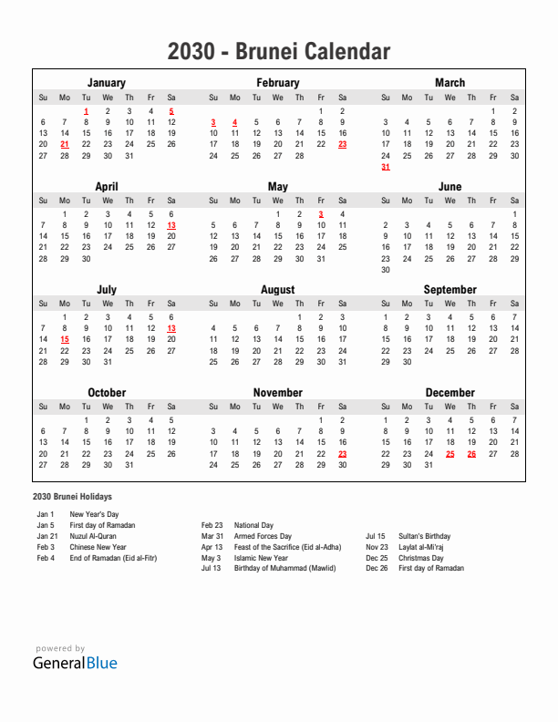 Year 2030 Simple Calendar With Holidays in Brunei