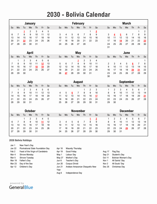 Year 2030 Simple Calendar With Holidays in Bolivia