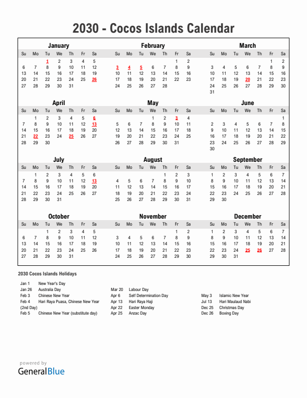 Year 2030 Simple Calendar With Holidays in Cocos Islands