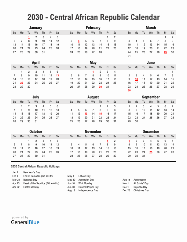 Year 2030 Simple Calendar With Holidays in Central African Republic