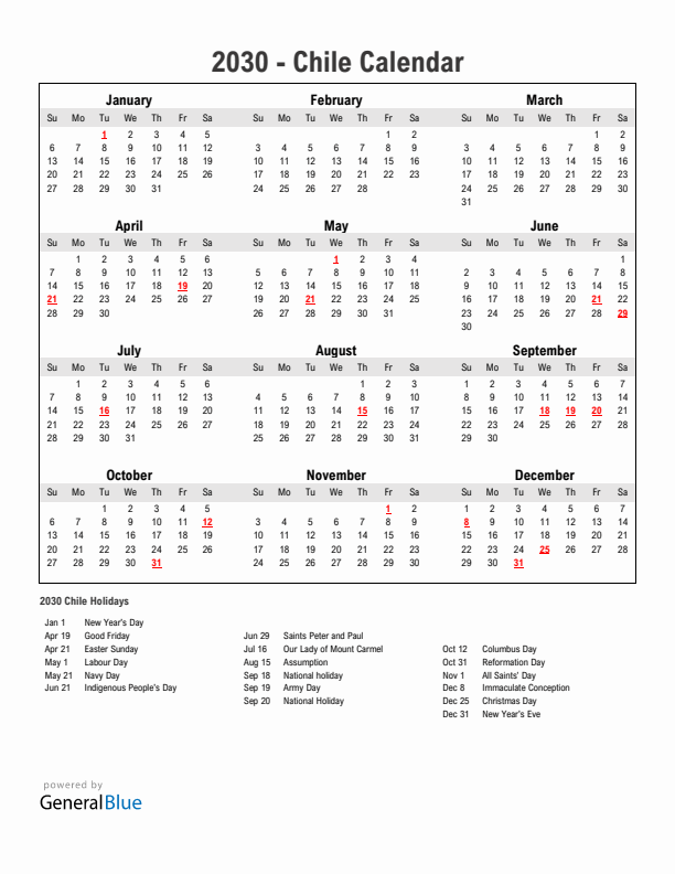 Year 2030 Simple Calendar With Holidays in Chile