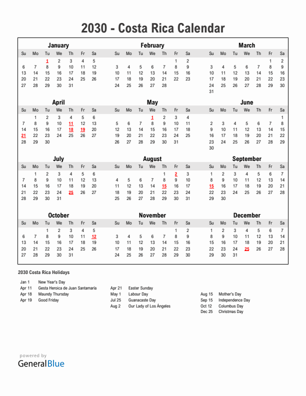 Year 2030 Simple Calendar With Holidays in Costa Rica