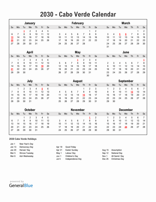 Year 2030 Simple Calendar With Holidays in Cabo Verde