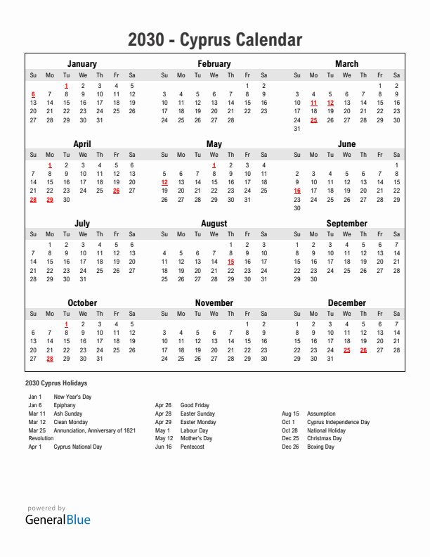 Year 2030 Simple Calendar With Holidays in Cyprus