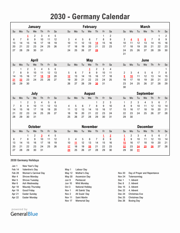 Year 2030 Simple Calendar With Holidays in Germany