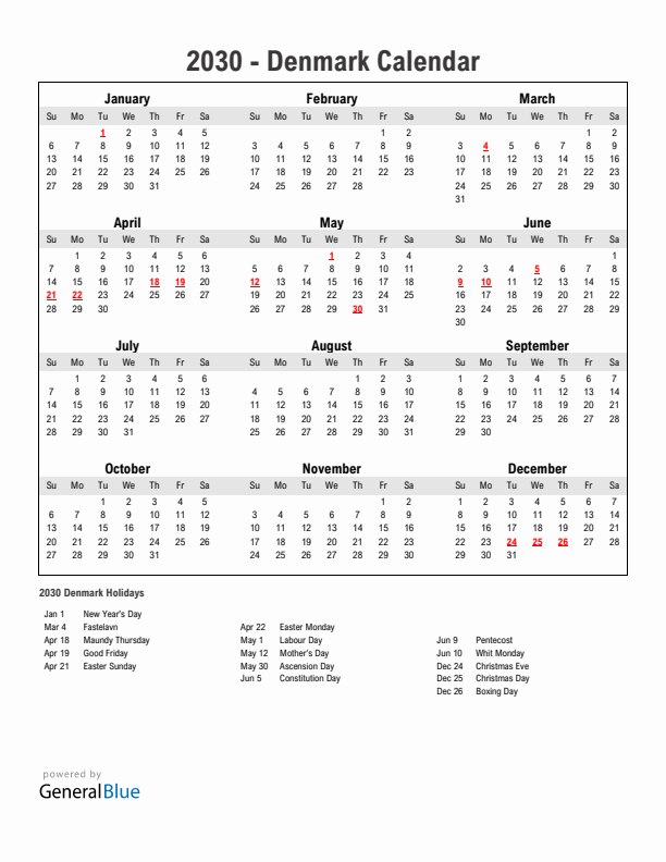 Year 2030 Simple Calendar With Holidays in Denmark