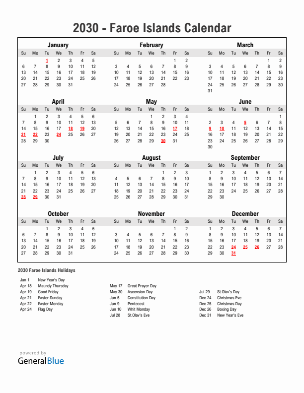 Year 2030 Simple Calendar With Holidays in Faroe Islands