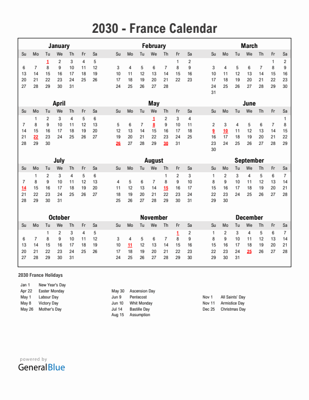 Year 2030 Simple Calendar With Holidays in France