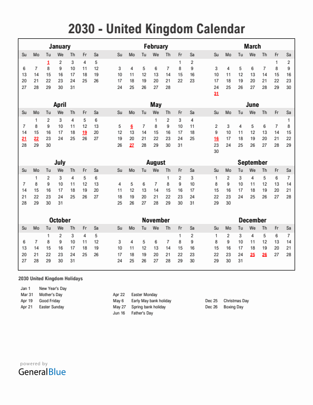 Year 2030 Simple Calendar With Holidays in United Kingdom